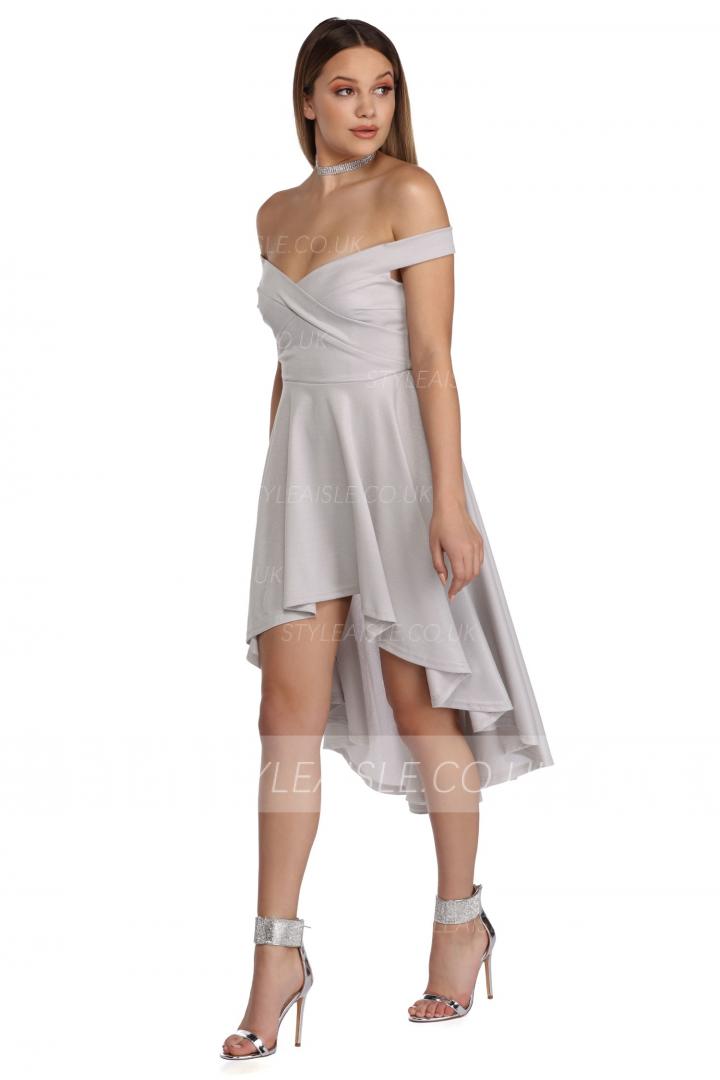 High Low Pleated Off Shoulder Silver Satin Prom Dress 