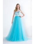 Elegant Lace Bodice Illusion Neck Long Ice Blue Tulle Prom Dress 