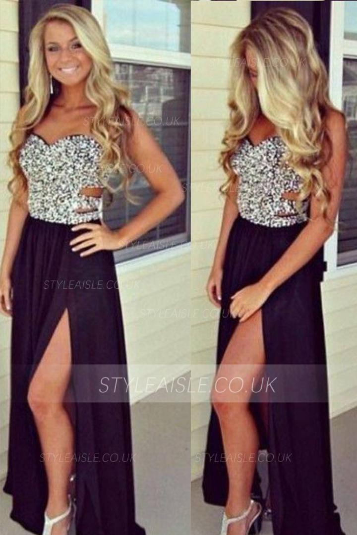 Cheap Black A-line Sweetheart Sleeveless Beading Split Floor-length Long Chiffon Prom Dresses