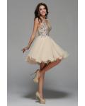 Knee Length Beading V Neck Champagne Chiffon A-line Prom Dress 