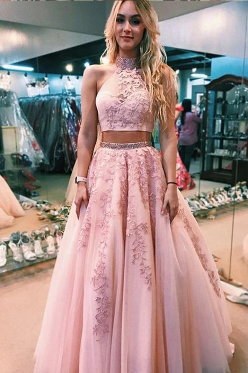 Elegant Two-Piece Halter Neckline Lace Appliques Floor-length Long Tulle Prom Dress