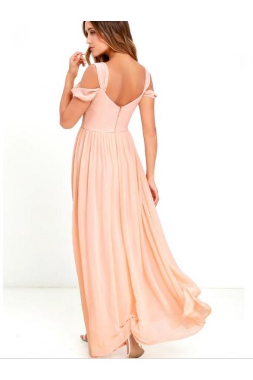 Beach Off Shoulder Pleated Long A-line Blush Chiffon Bridesmaid Dress
