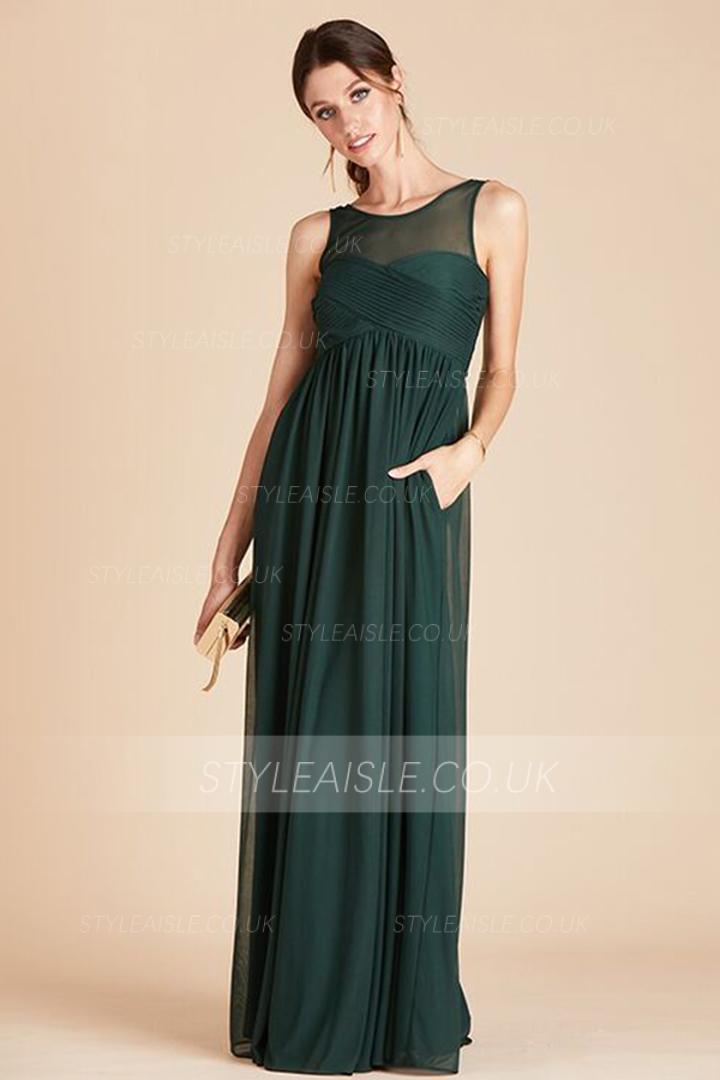  A-line Bateau Neck Sleeveless Ruching Empire Waist Floor-length Long Chiffon Maternity Bridesmaid Dresses with Pockets 
