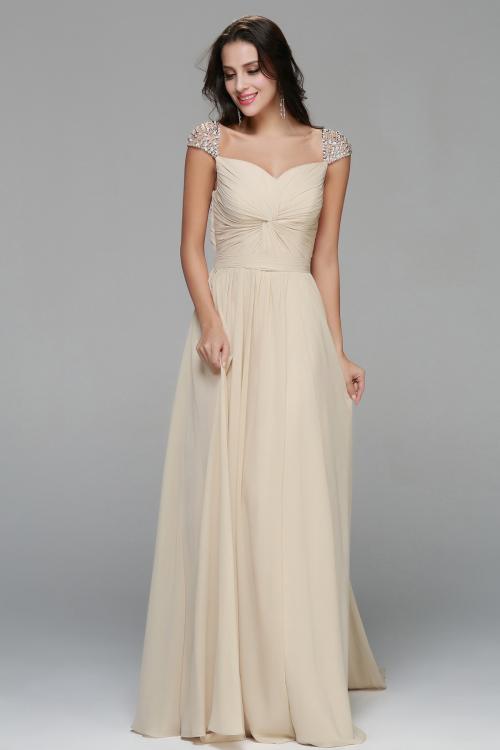 Beading A-line Long Champagne Chiffon Junior Prom Dress 