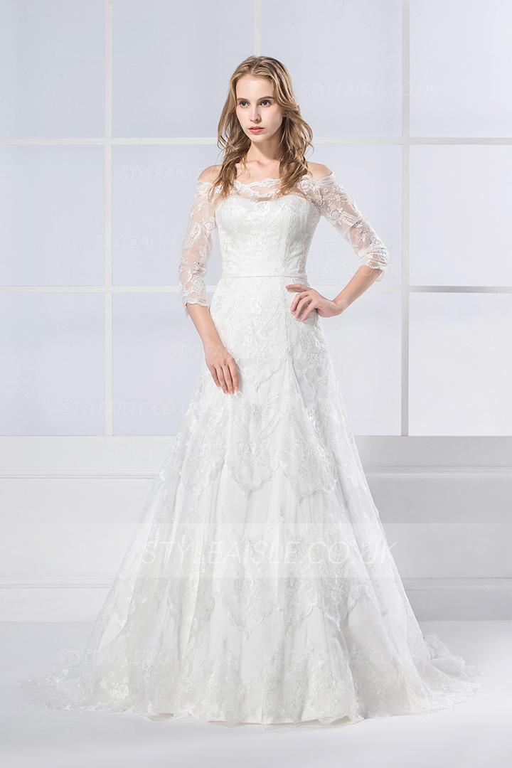  A-line Off-the-shoulder Half Sleeve Lace Sweep/Brush Train Wedding Dresses