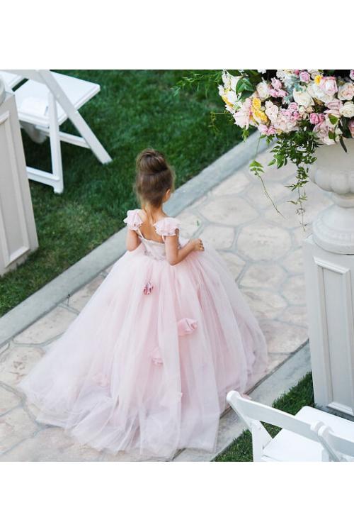 Romantic Sequin Bodice Hand Made Flowers Ball Gown Pink Tulle Flower Girl Dress 