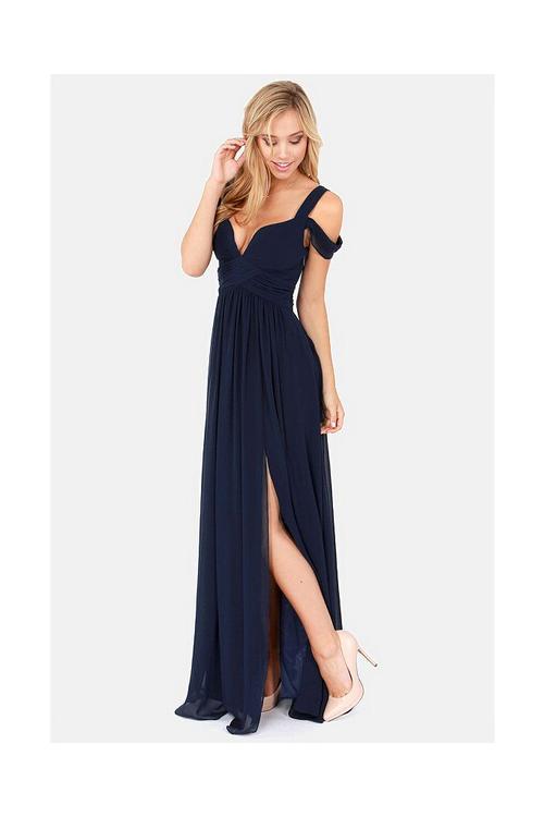 Shoulder Straps Navy Blue Chiffon Split Long Bridesmaid Dress 