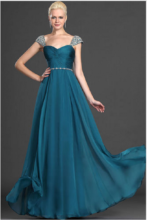 Vinatage Beaded Straps Long Pleated A-line Chiffon Prom Dress 