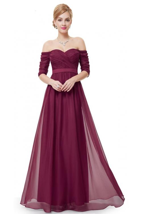  A-line Off-the-shoulder Half Sleeve Floor-length Long Chiffon Wedding Guest Dresses