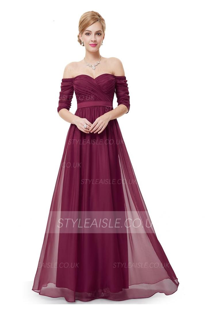  A-line Off-the-shoulder Half Sleeve Floor-length Long Chiffon Wedding Guest Dresses