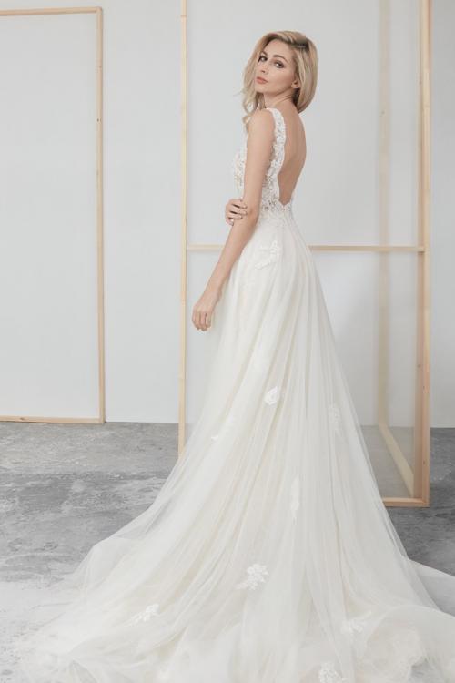 Column Illusion Neck Sleeveless Lace Appliques Beading Court Train Long Tulle Wedding Dresses (Picture shown - Ivory Dress with a layer of champagne tulle inside)