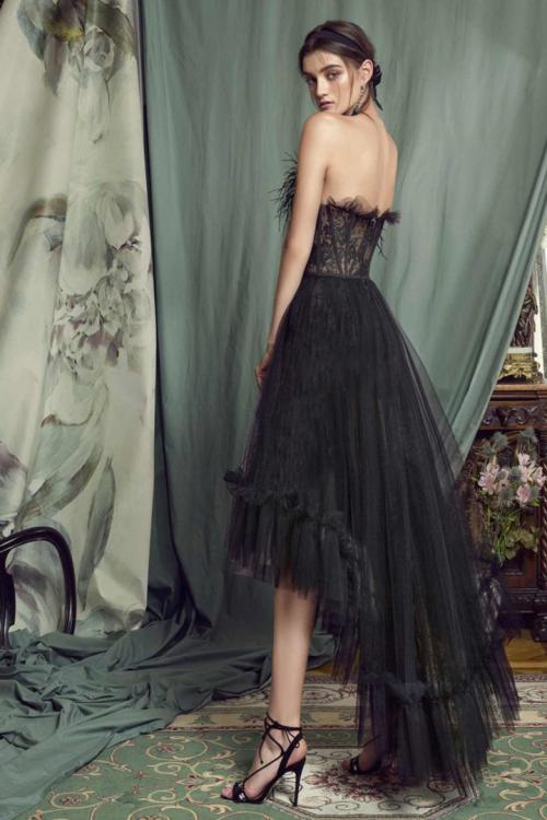  A-line Strapless Sleeveless Feathers Lace Asymmetrical/High Low Long Prom Dress