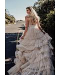  A-line Spaghetti Straps V-neck Sleeveless Ruching Top & Pleated Ruffles Sweep/Brush Train Long Tulle Prom Dresses