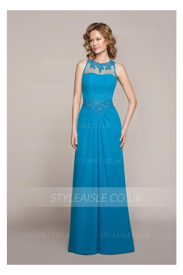 Illusion Jewel Neck Lace Appliques Long Chiffon Bridesmaid Dress 