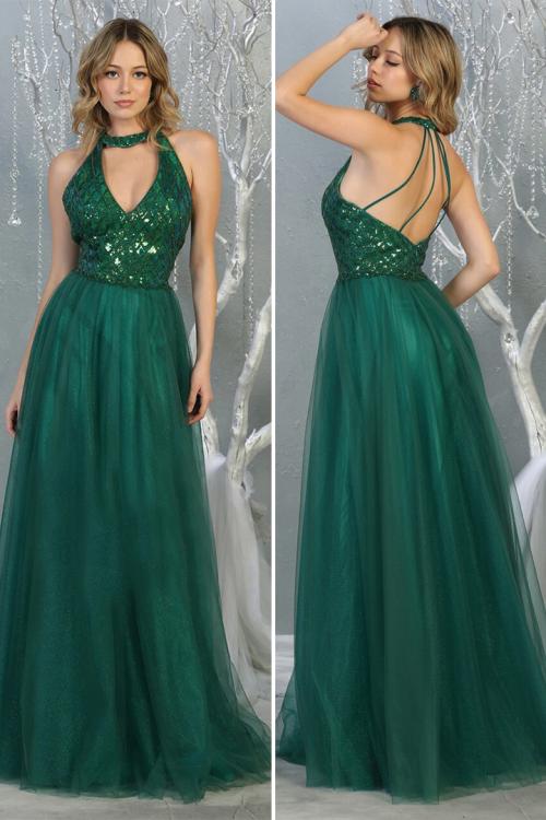 Chic A-line Halter&V-neck Beading Sequins Floor-length Long Tulle Prom Dress