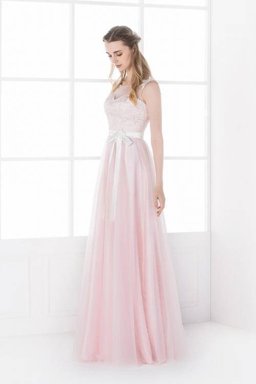Lace Appliqued Illusion Neck A-line Pink Tulle Bridesmaid Dress with Ribbon 