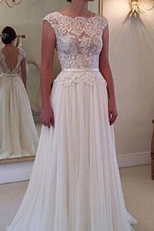 Beautiful Vintage Lace Bodice Long Chiffon Rustic Wedding Dress with Sash 