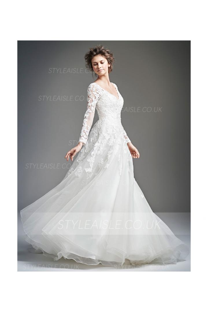 V Neck Lace Appliques Bodice A-line Organza Wedding Dress 