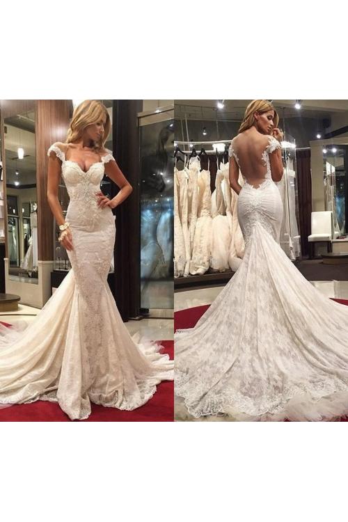 Vintage Sexy Lace Cap Sleeve Mermaid Long Wedding Dress 