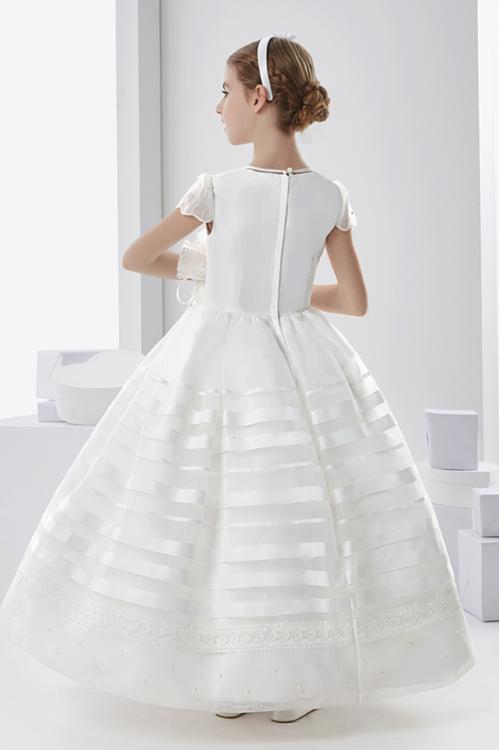  Jewel Neck Short Sleeve Lace Pearl Detailing Floor-length Long Organza Communion Dresses