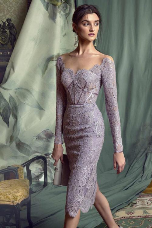  Sheath/Column Bateau Neckline Long Sleeves Lace Knee-length Short Evening Dresses