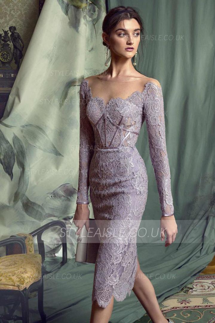  Sheath/Column Bateau Neckline Long Sleeves Lace Knee-length Short Evening Dresses
