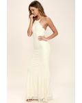 Sleeveless Halter Neck Long Sheath Lace Prom Dress Ivory