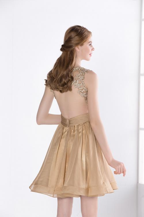 Illusion Neckline Backless Gold Lace Bodice Cocktail Dress Short 
