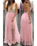 Sexy Deep V-neck Sequins Top Split Floor-length Long Tulle Prom Dress with Criss-cross Back
