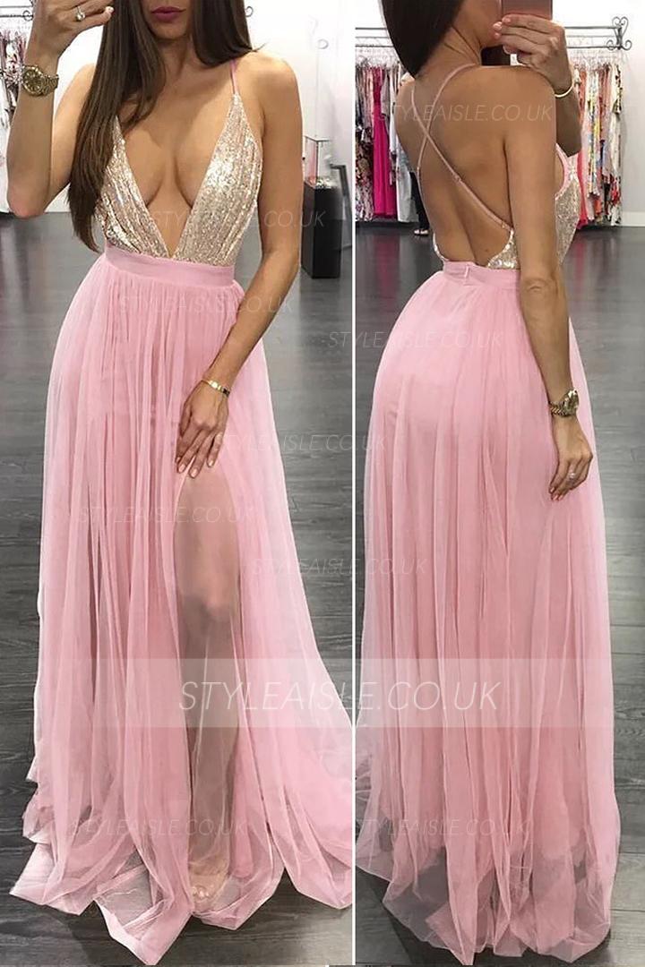 Sexy Deep V-neck Sequins Top Split Floor-length Long Tulle Prom Dress with Criss-cross Back