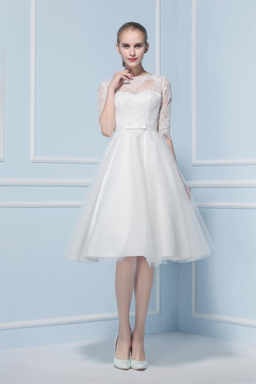 Exquisite Ball Gown Illusion Neck Half Sleeved Tulle Wedding Dress 