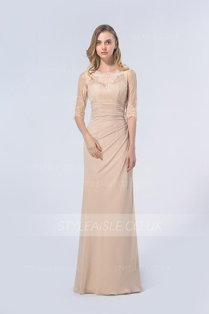3/4 Sleeved Illusion Neck Sheath Champagne Long Chiffon Bridesmaid Dress 