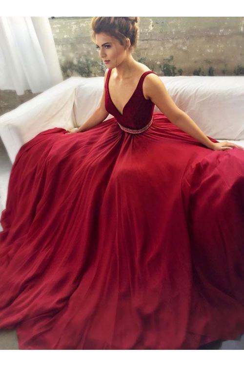 Long Sleeveless V Neck A-line Burgundy Chiffon Prom Dress with Beading