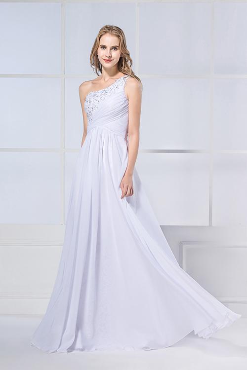  A-line One Shoulder Beading Sweep/Brush Train Chiffon Wedding Dresses 