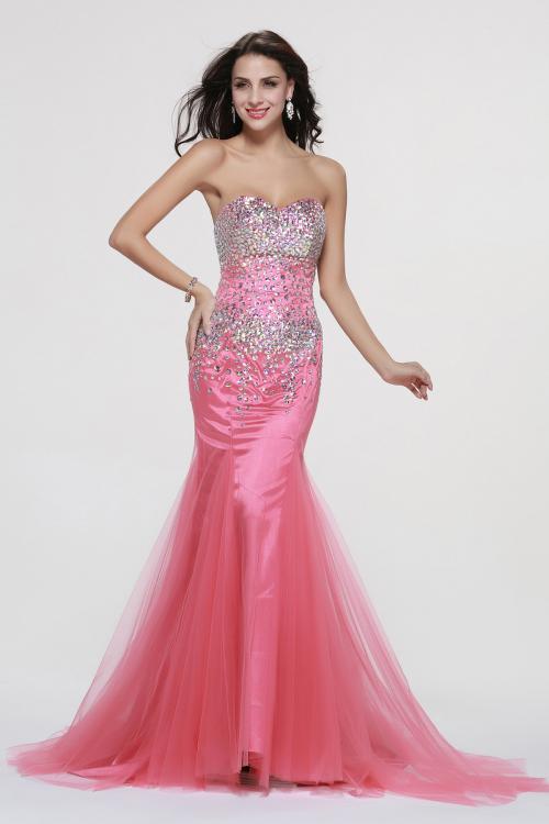 Beading Strapless Trumpet Long Tulle Prom Dress 