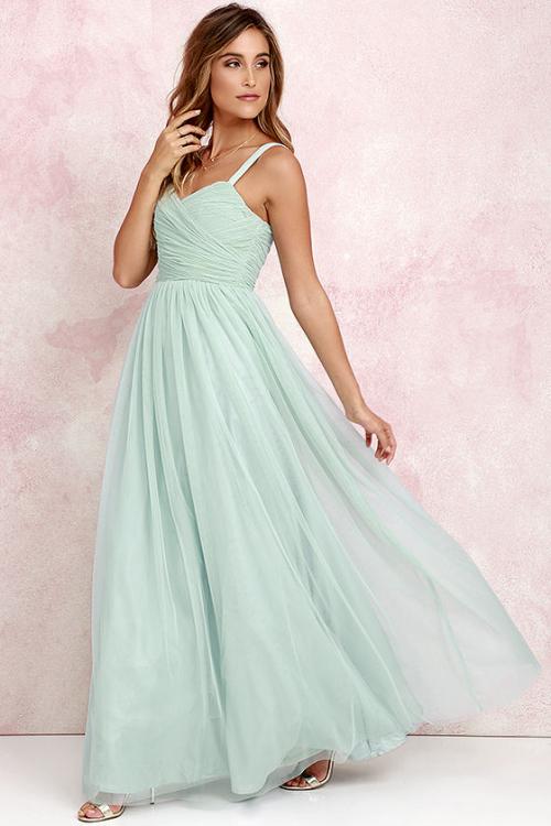 Shoulder Straps Pleated Long Tulle Bridesmaid Dress 
