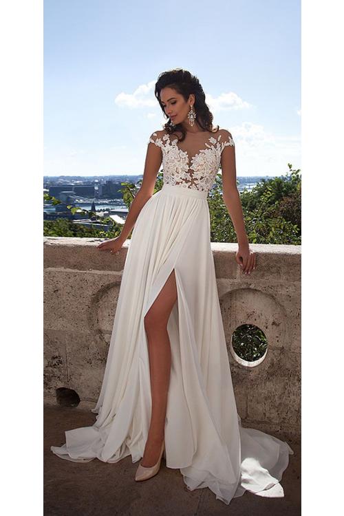 Chic Boho Lace Appliques A-line Long White Chiffon Wedding Dress 