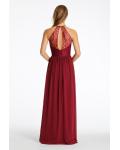 Burgundy Halter Neck Lace Bodice Long Chiffon Bridesmaid Dress 