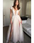 Illusion Neck Cap Sleeve Lace Appliques Backless Split Sweep-Train Long Tulle Prom Dress