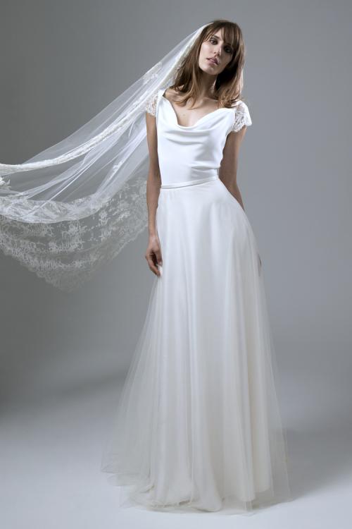 Short Sleeved V Neck Long Satin and Tulle Wedding Dress 