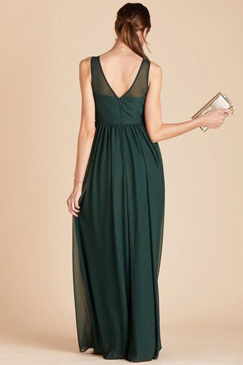  A-line Bateau Neck Sleeveless Ruching Empire Waist Floor-length Long Chiffon Maternity Bridesmaid Dresses with Pockets 