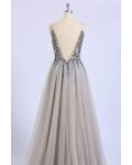  A-line Deep V-neck Sleeveless Beading Split Floor-length 2020 Long Tulle Prom Dress