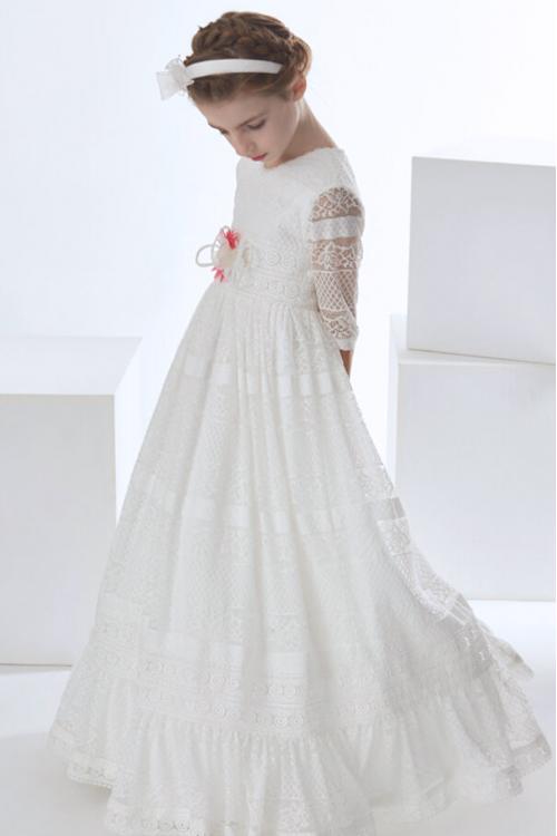 Vintage Jewel Neck 3/4 Sleeved Lace First Communion Dress with Flower 