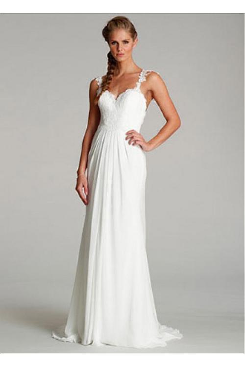 Simple Lace Spaghetti Straps Long Chiffon Wedding Dress 
