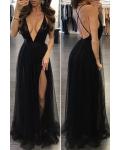 Sexy Deep V-neck Sequins Top Split Floor-length Long Tulle Prom Dress with Criss-cross Back