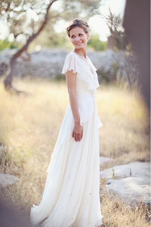 Beautiful V Neck Long A-line Chiffon Outdoor Wedding Dress with Flutter Sleeves and Lace Details 