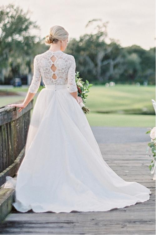 Lace Long Sleeve Scalloped Ball Gown Tulle overlay Satin Wedding Dress 
