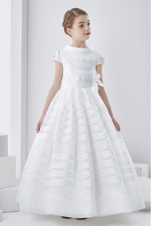 Short Sleeve Scoop Neck A-line White Organza First Communion Dress 