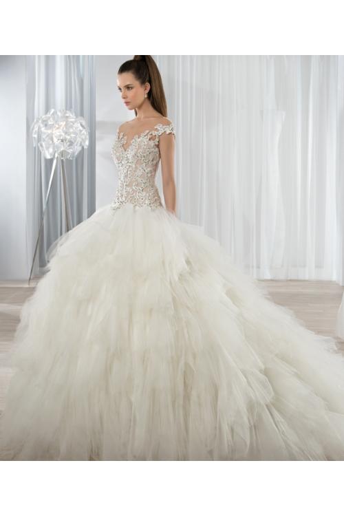 Illusion Bateau Neck Lace Bodice Ball Gown Ruffled Ivory Tulle Blush Top Wedding Dress 