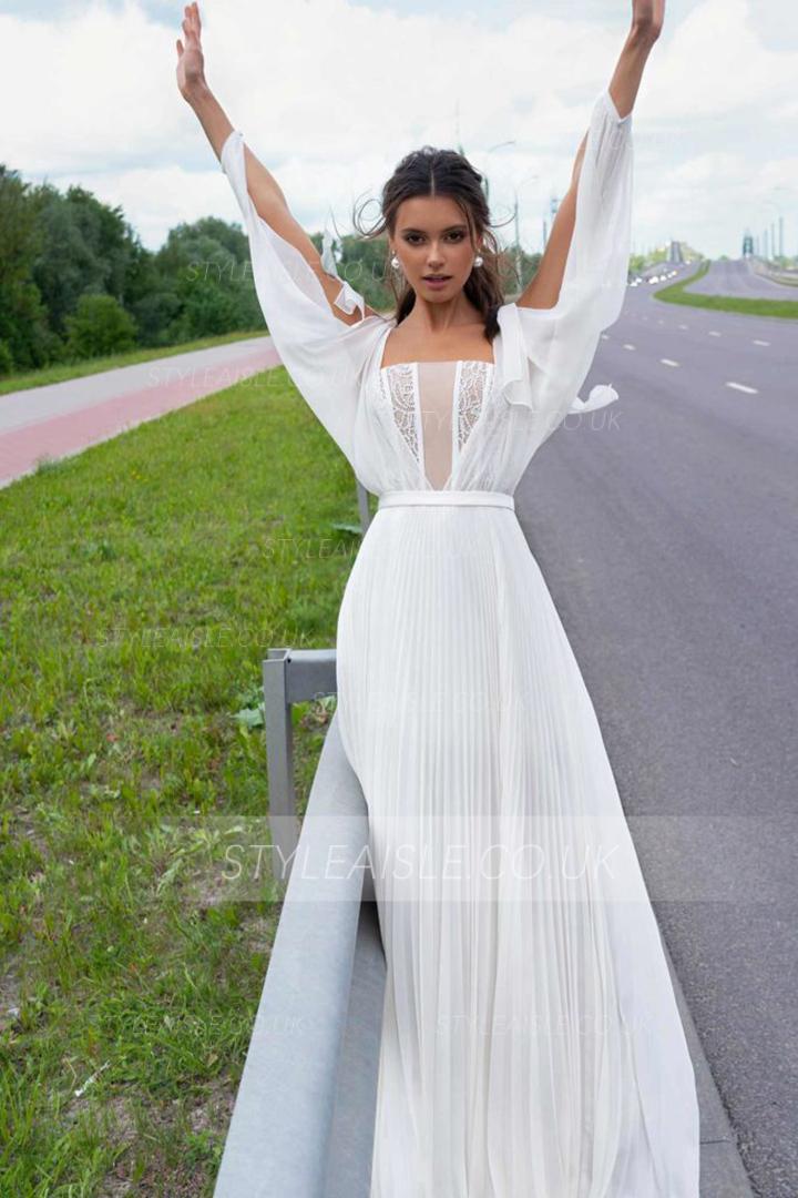  A-line Shoulder Straps Long Sleeve Beading Lace Pleated Floor-length Long Wedding Dresses